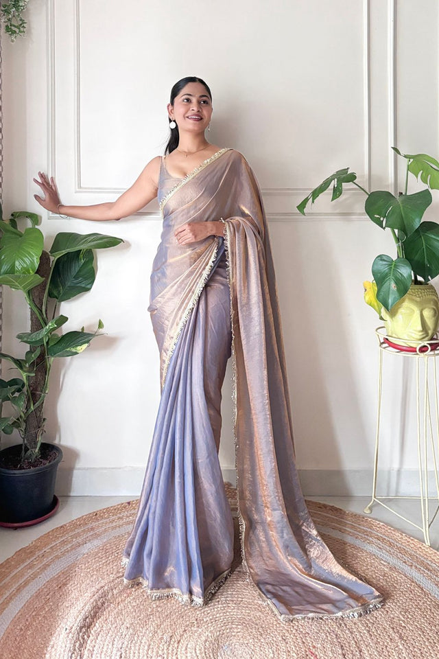 Brown Solid with Lace Border Satin Saree (ACA9833)