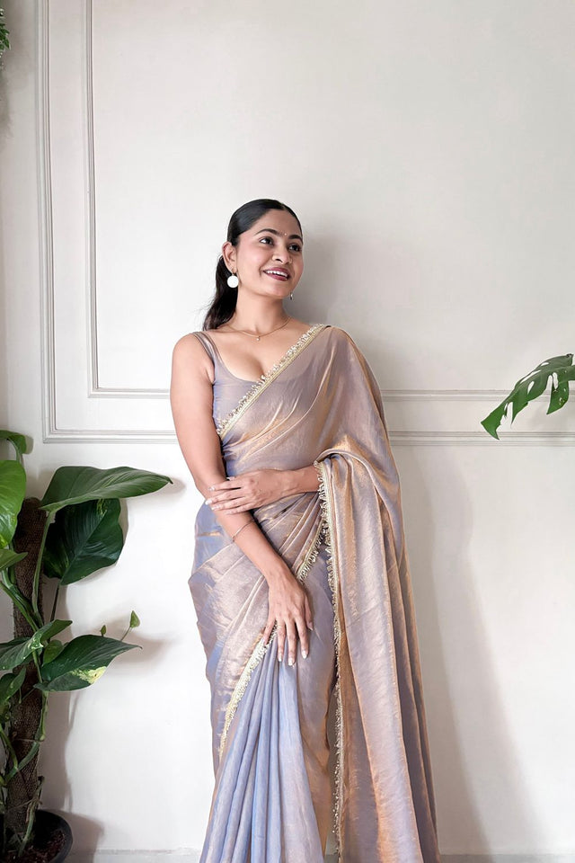 Brown Solid with Lace Border Satin Saree (ACA9833)