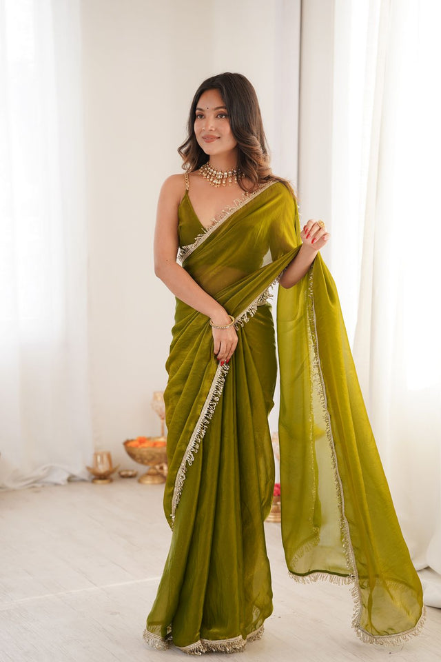 Mehendi Solid with Lace Border Satin Saree (ACA9834)