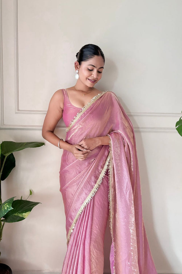 Pink Solid with Lace Border Satin Saree (ACA9835)