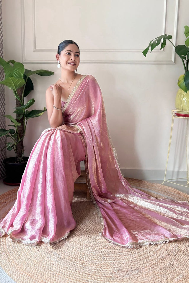Pink Solid with Lace Border Satin Saree (ACA9835)