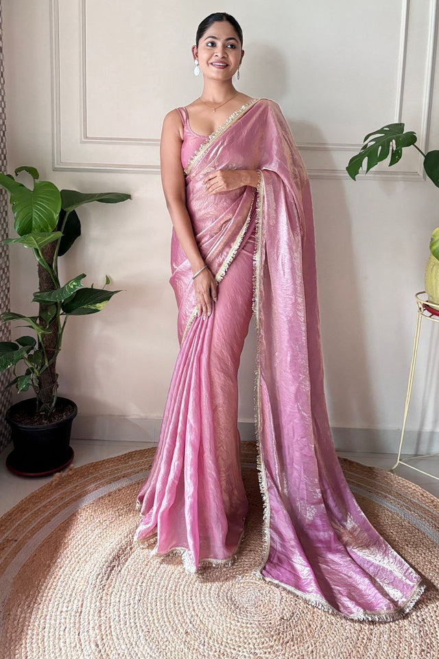 Pink Solid with Lace Border Satin Saree (ACA9835)