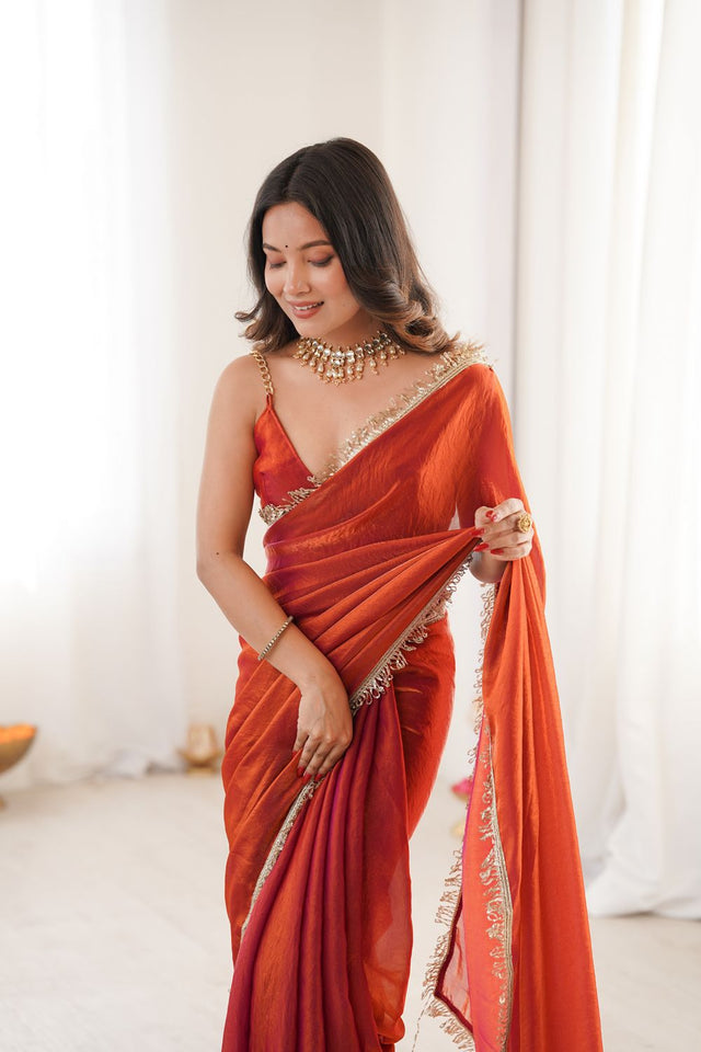 Orange Solid with Lace Border Satin Saree (ACA9836)