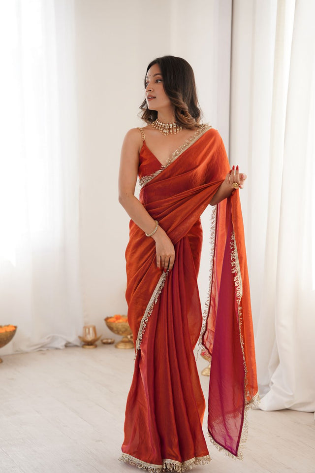 Orange Solid with Lace Border Satin Saree (ACA9836)