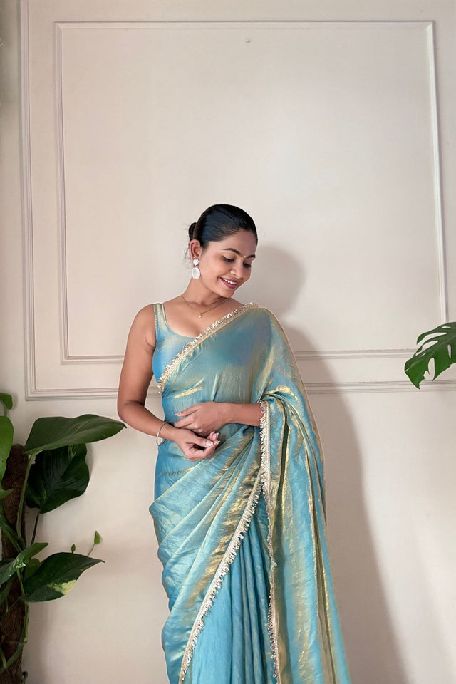 Blue Solid with Lace Border Satin Saree (ACA9837)