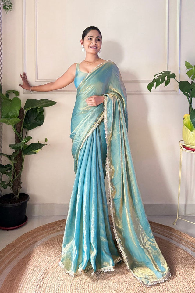 Blue Solid with Lace Border Satin Saree (ACA9837)