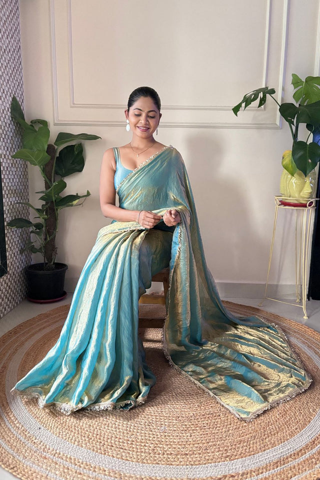 Blue Solid with Lace Border Satin Saree (ACA9837)