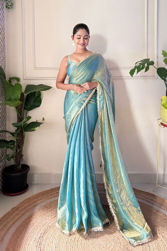 Blue Solid with Lace Border Satin Saree (ACA9837)