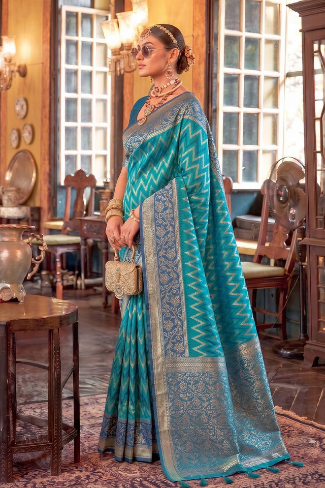 Turquoise Woven Silk Saree (ACA9838)