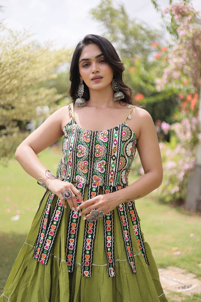 Green Solid Cotton Free Size Stitched Lehenga (ACA9847)