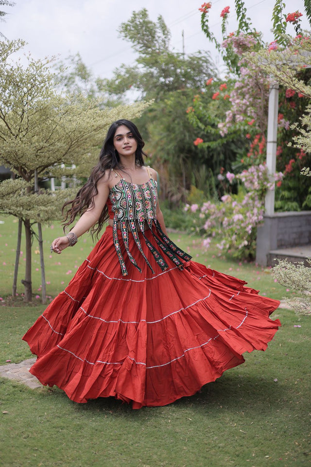 Rust Solid Cotton Free Size Stitched Lehenga (ACA9849)
