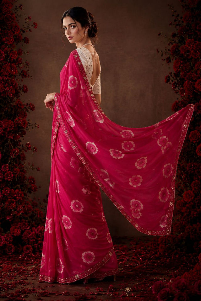 Pink Floral Printed with Embroidered Border Chiffon Saree (ACA9853)