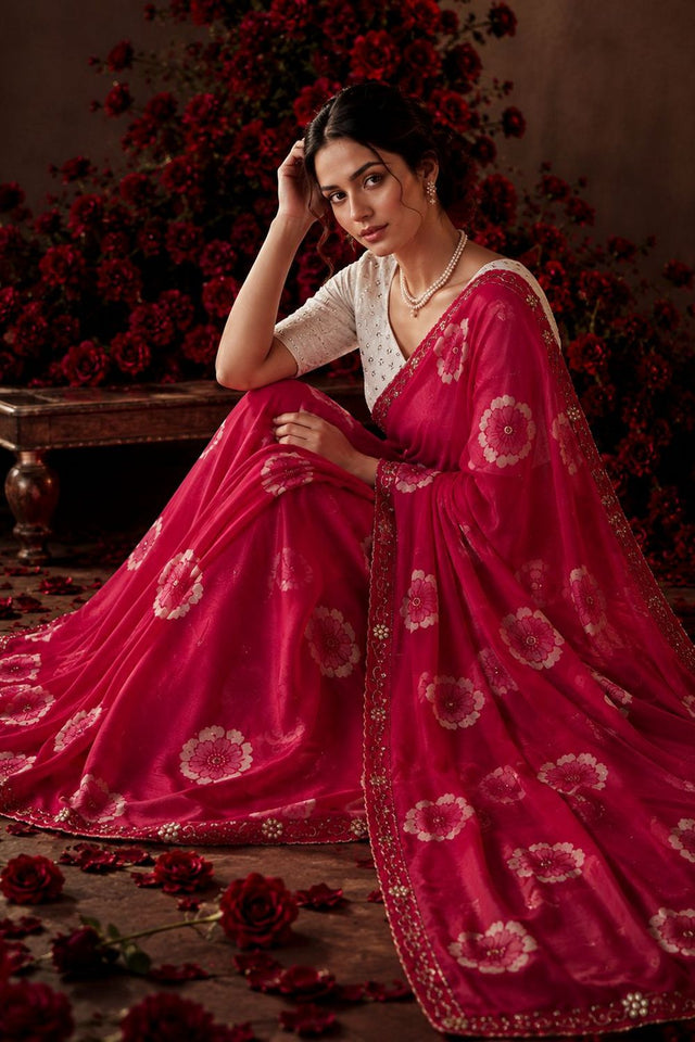 Pink Floral Printed with Embroidered Border Chiffon Saree (ACA9853)