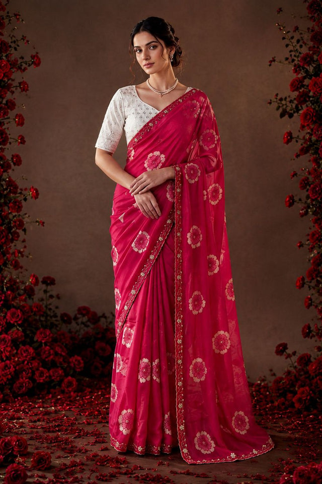 Pink Floral Printed with Embroidered Border Chiffon Saree (ACA9853)