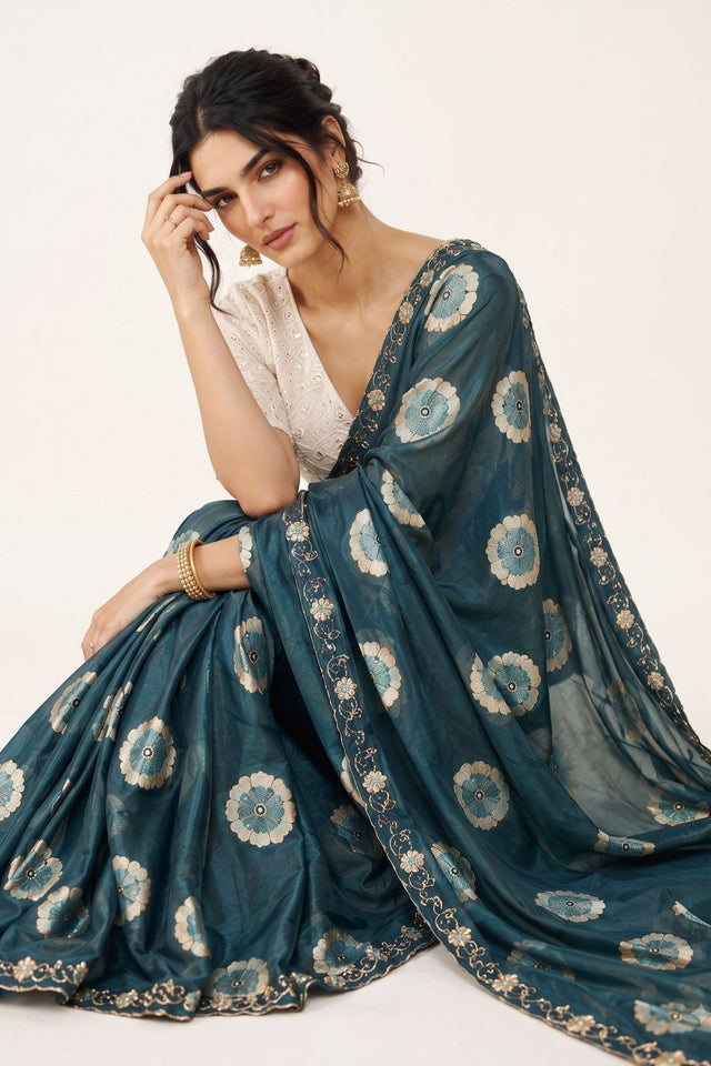 Turquoise Floral Printed with Embroidered Border Chiffon Saree (ACA9854)
