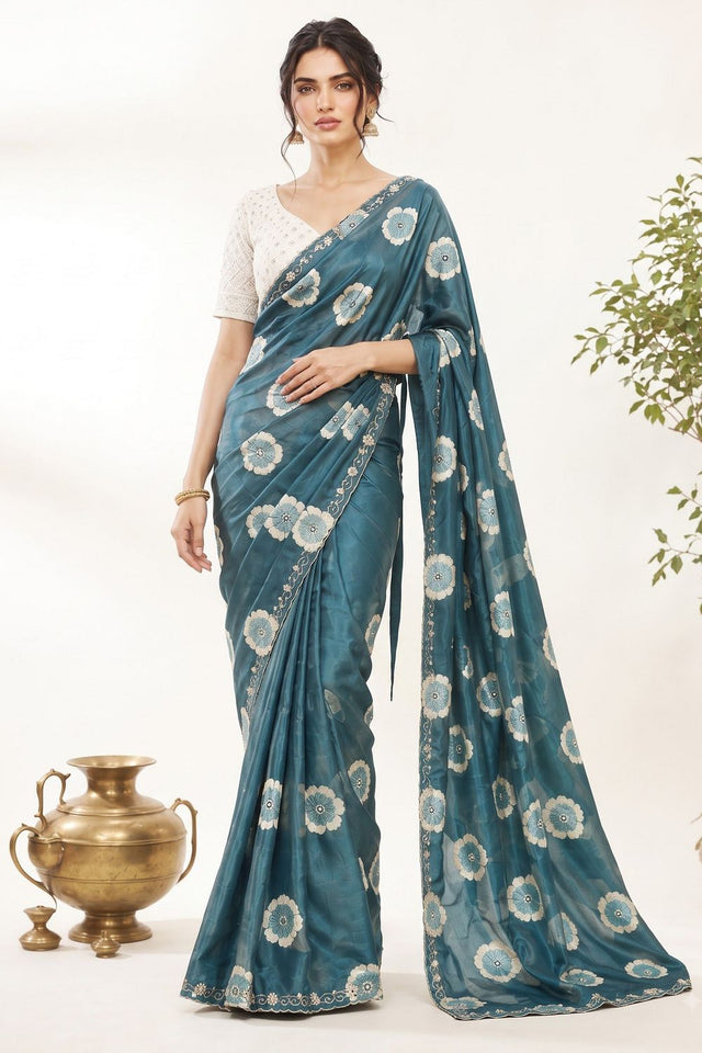 Turquoise Floral Printed with Embroidered Border Chiffon Saree (ACA9854)