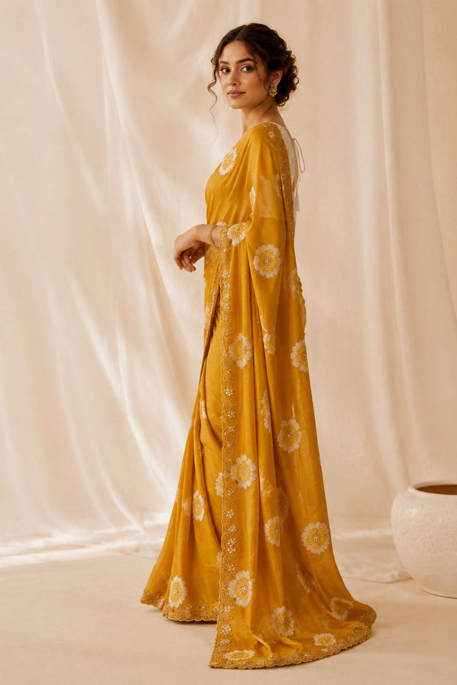 Mustard Floral Printed with Embroidered Border Chiffon Saree (ACA9855)
