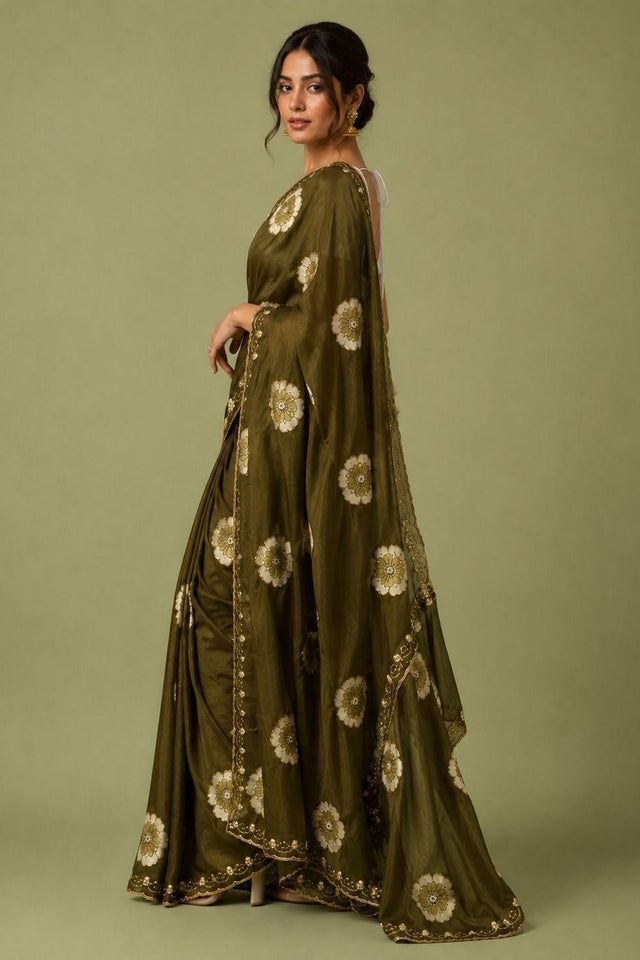 Mehendi Floral Printed with Embroidered Border Chiffon Saree (ACA9856)