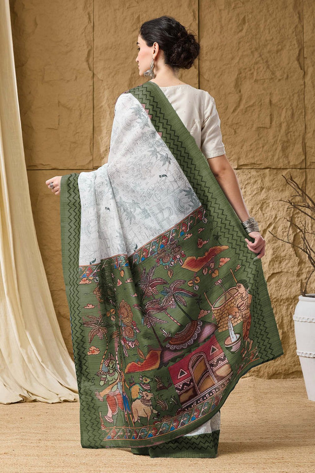 Green Printed Silk Blend Ready to Wear Saree (ACA9858)