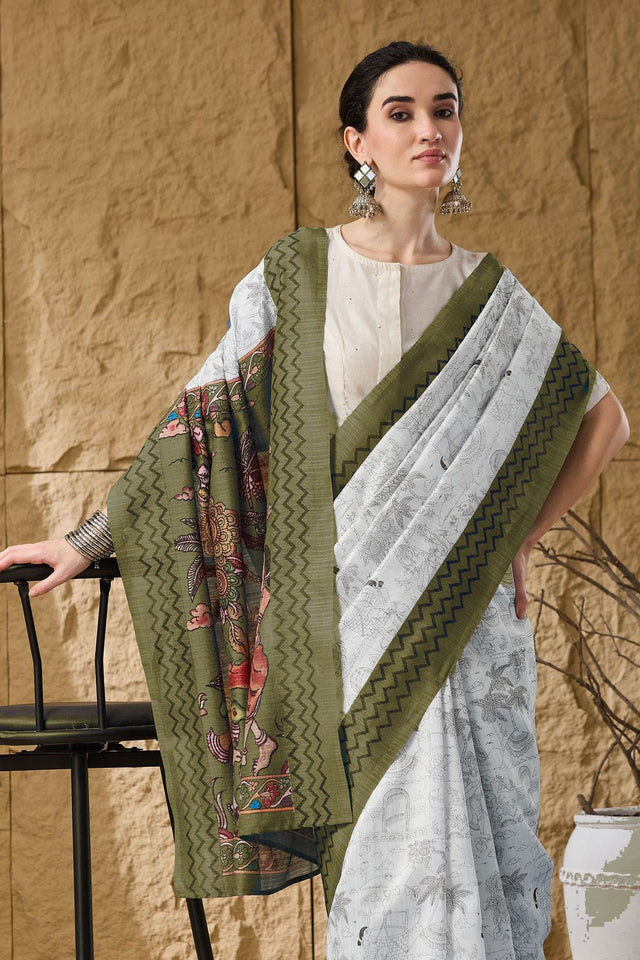 Green Printed Silk Blend Ready to Wear Saree (ACA9858)