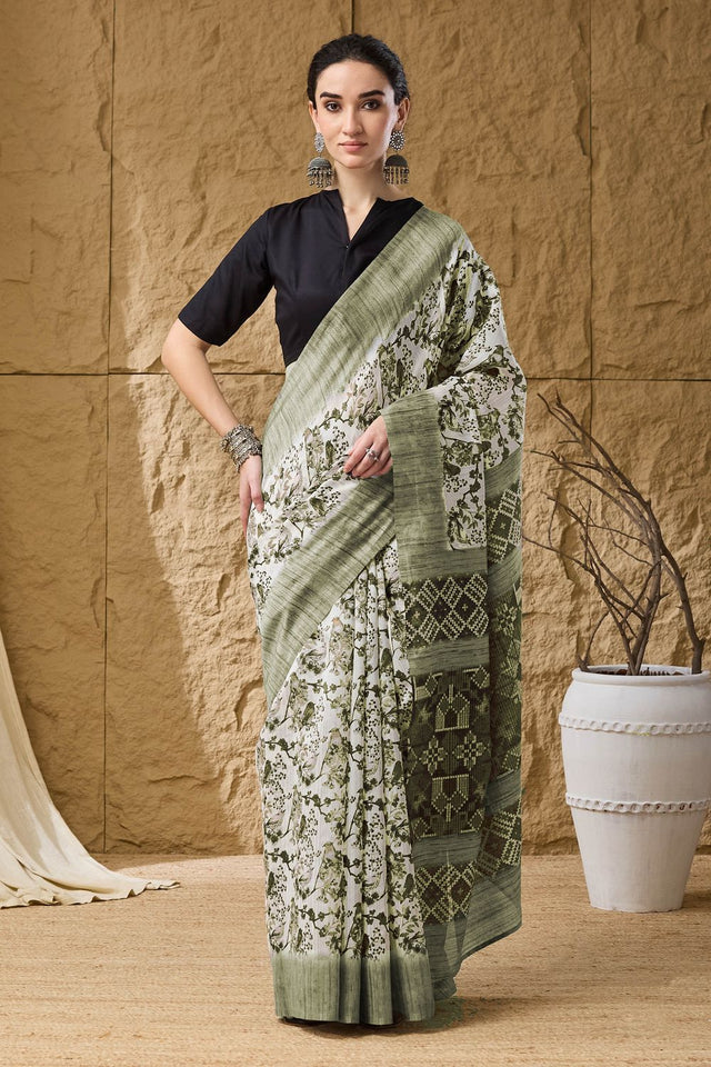 Green Floral Printed Silk Blend Ready to Wear Saree (ACA9860)