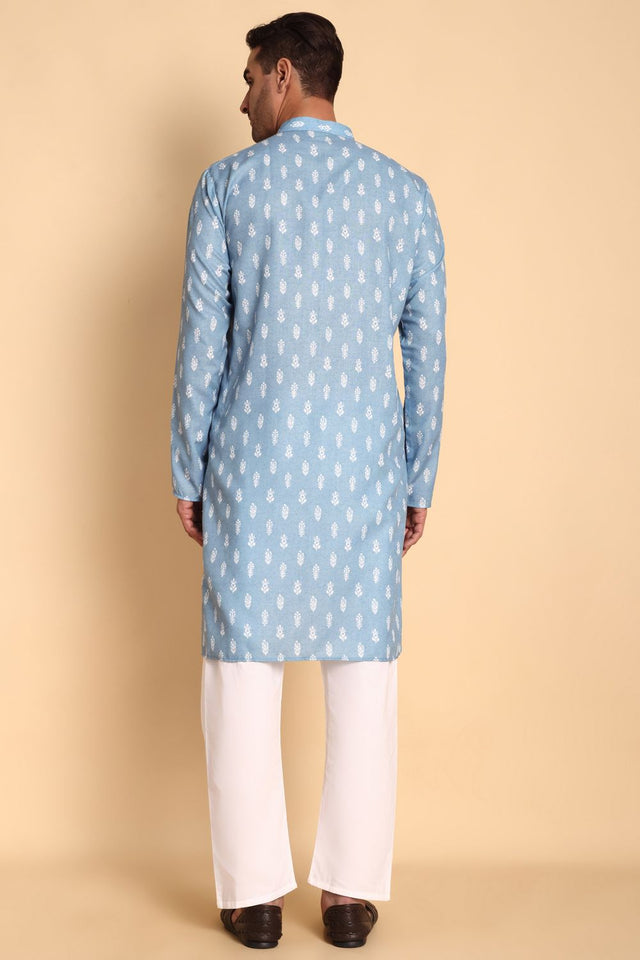 Mens Blue Printed Cotton Kurta Set (ACA9873)