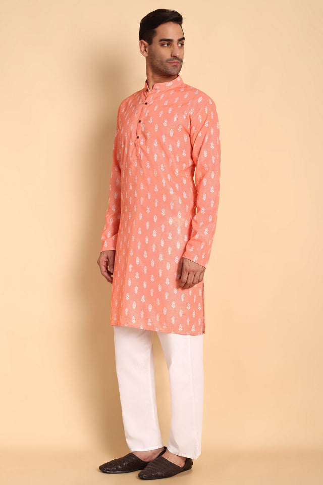 Mens Peach Printed Cotton Kurta Set (ACA9874)