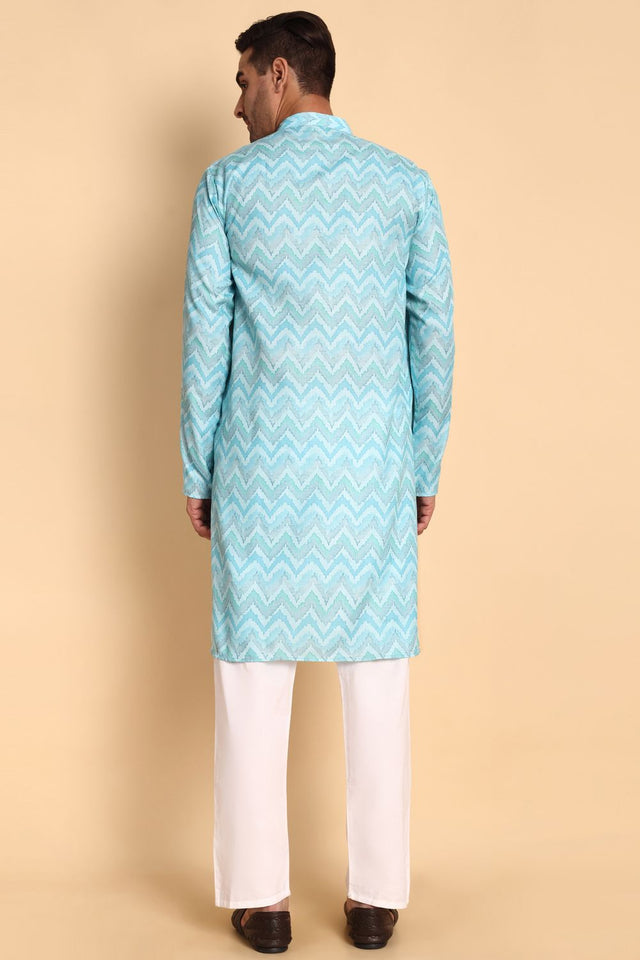 Mens Blue Printed Cotton Kurta Set (ACA9875)