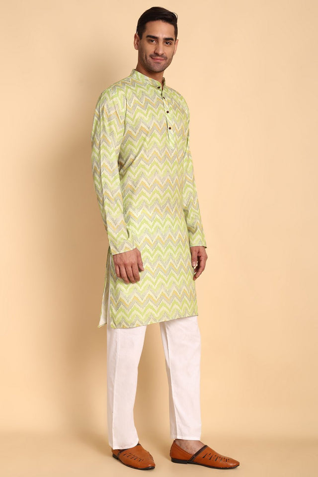 Mens Green Printed Cotton Kurta Set (ACA9876)