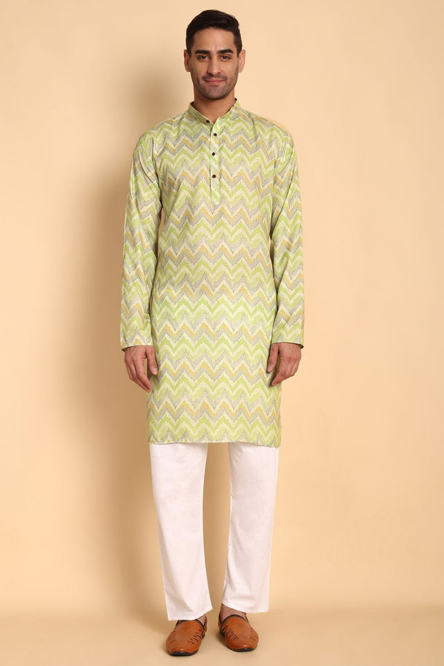 Mens Green Printed Cotton Kurta Set (ACA9876)