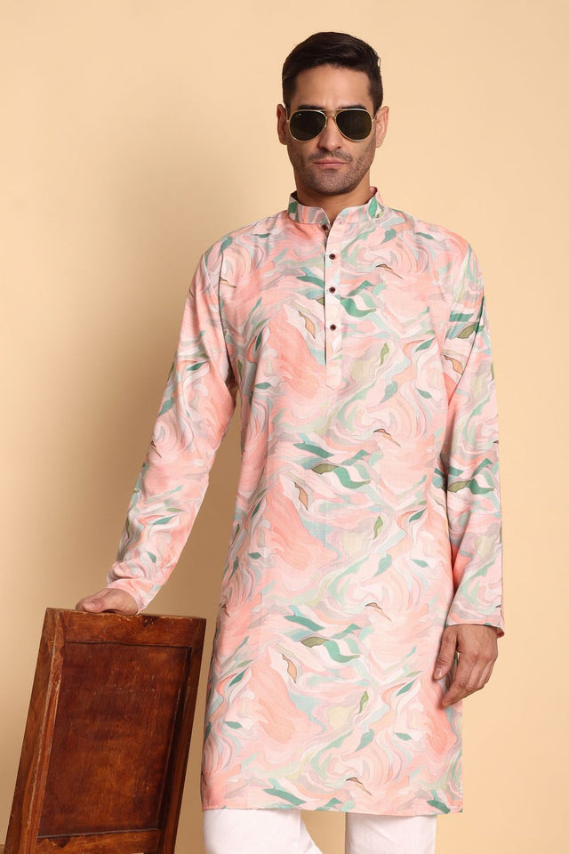 Mens Pink Printed Cotton Kurta Set (ACA9878)