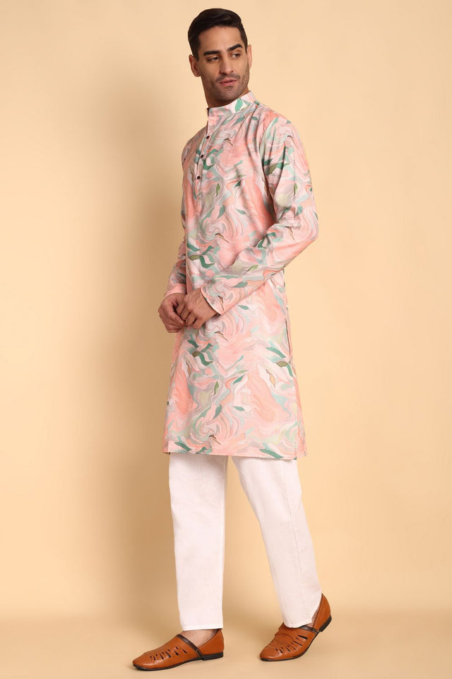 Mens Pink Printed Cotton Kurta Set (ACA9878)