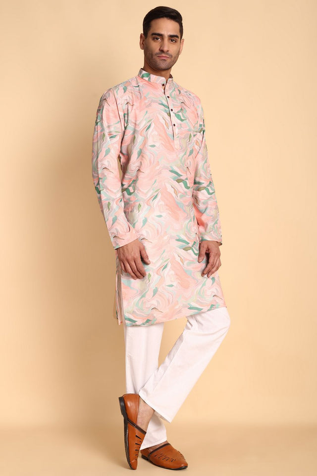 Mens Pink Printed Cotton Kurta Set (ACA9878)