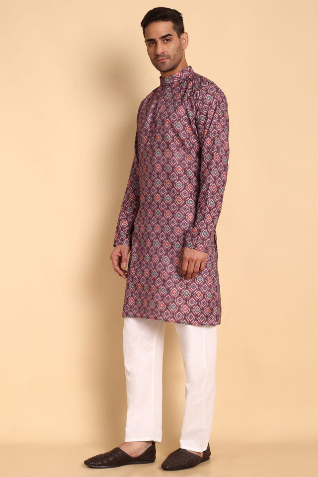 Mens Maroon Printed Cotton Kurta Set (ACA9881)