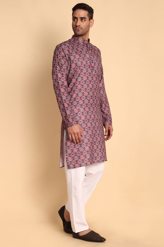 Mens Maroon Printed Cotton Kurta Set (ACA9881)
