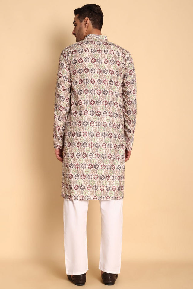 Mens Beige Printed Cotton Kurta Set (ACA9882)