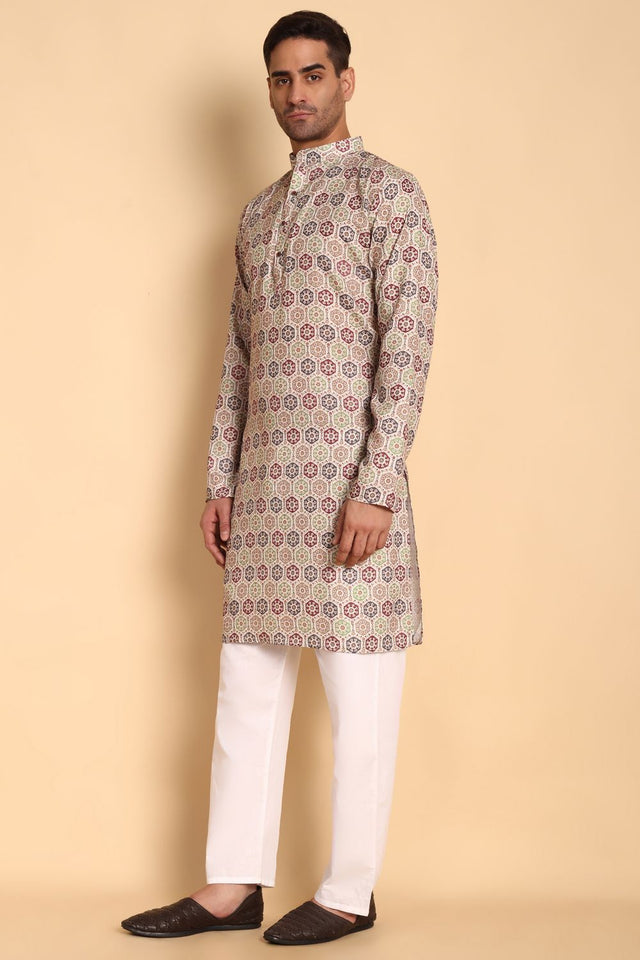 Mens Beige Printed Cotton Kurta Set (ACA9882)