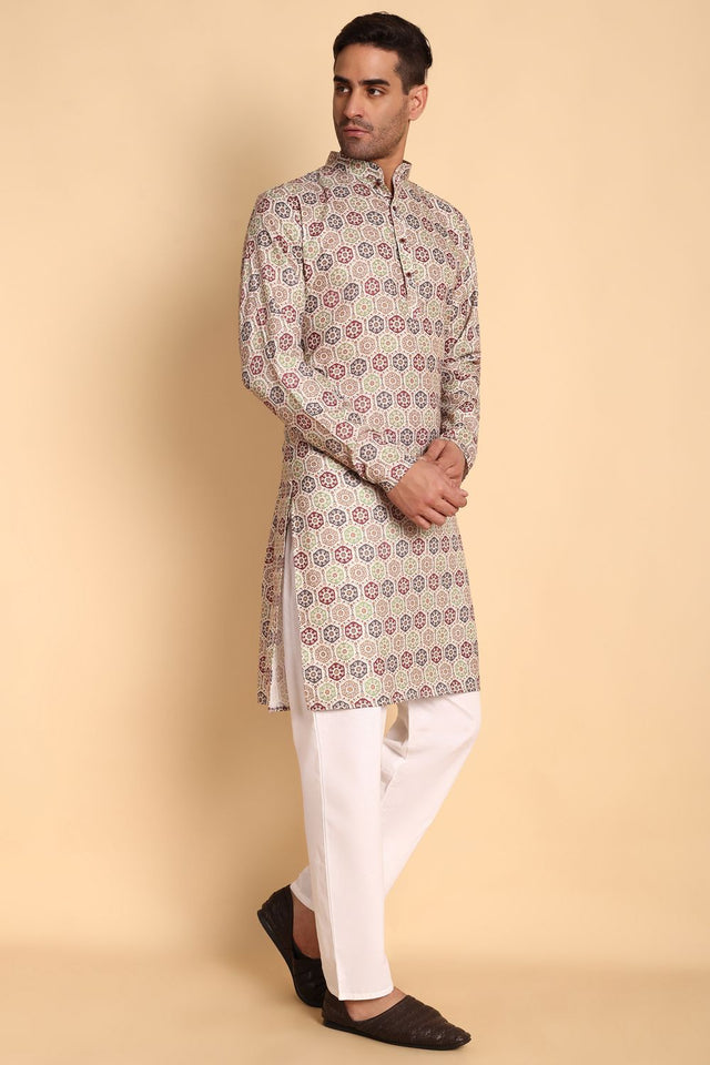 Mens Beige Printed Cotton Kurta Set (ACA9882)