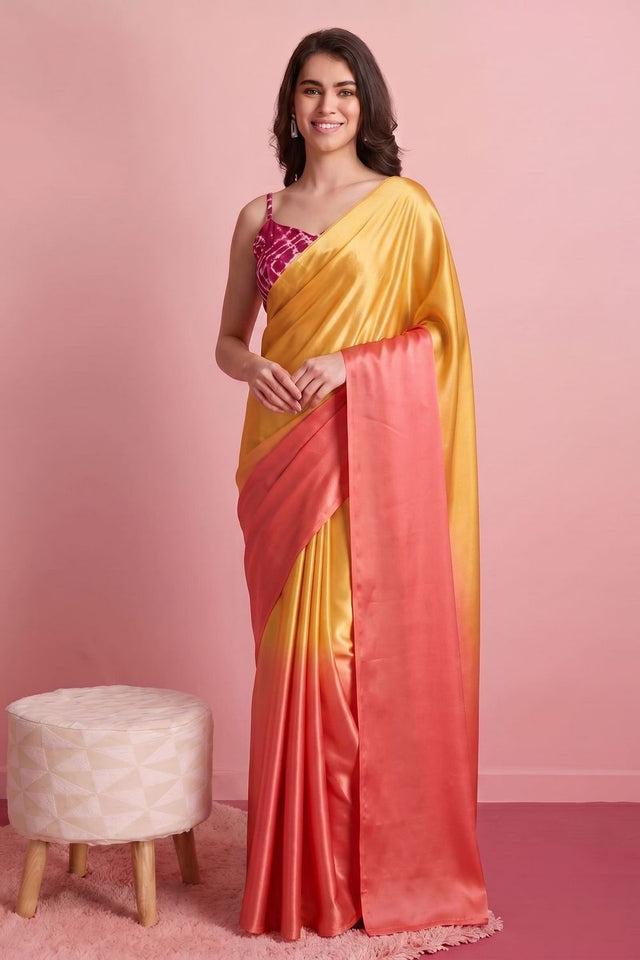 Orange Solid Satin Ready to Wear Saree (ACA9895)