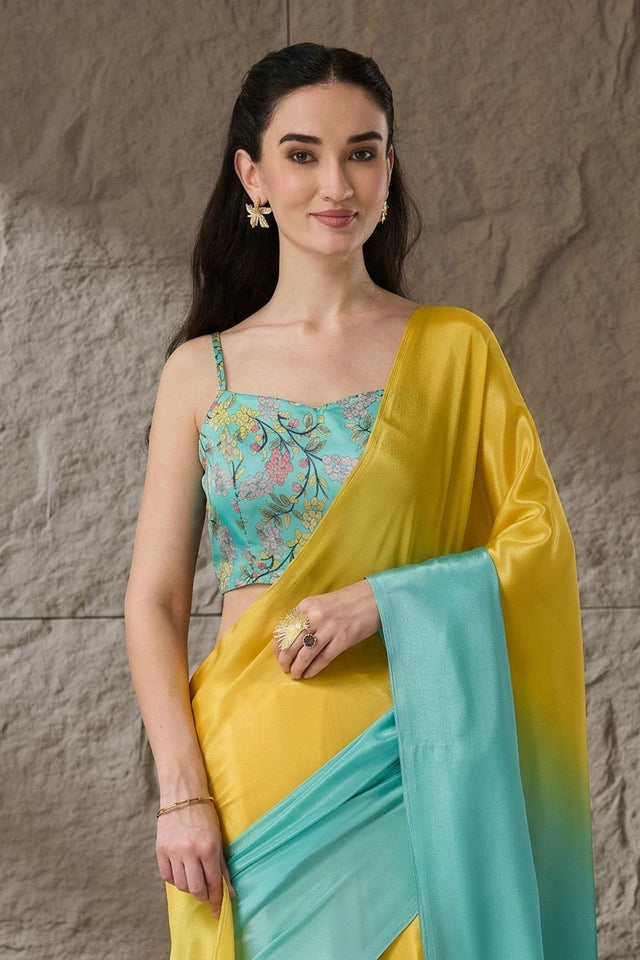 Turquoise Solid Satin Ready to Wear Saree (ACA9901)