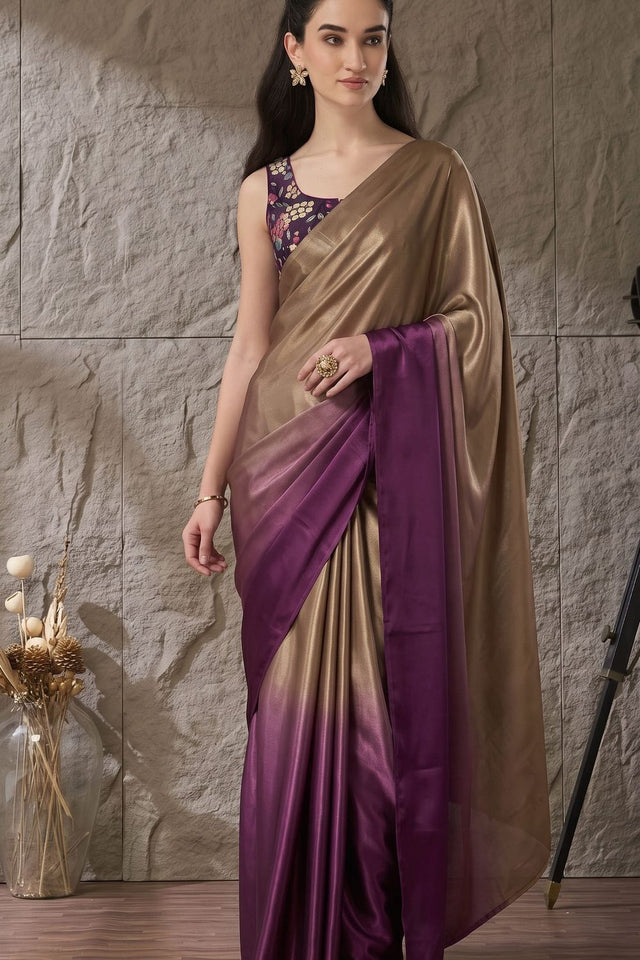 Purple Solid Satin Ready to Wear Saree (ACA9902)