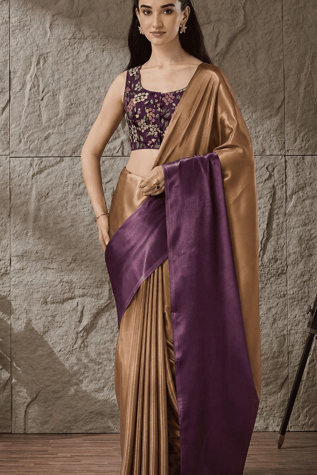 Purple Solid Satin Ready to Wear Saree (ACA9902)