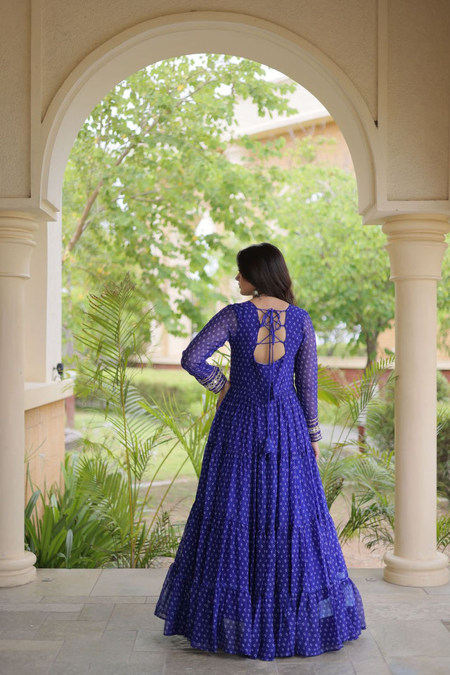 Blue Bandhani Printed with Embroidered Georgette Free Size Stitched Gown (ACA9903)