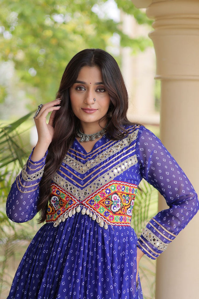 Blue Bandhani Printed with Embroidered Georgette Free Size Stitched Gown (ACA9903)