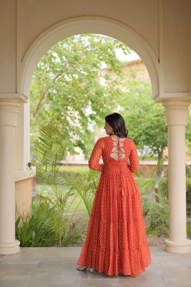 Rust Bandhani Printed with Embroidered Georgette Free Size Stitched Gown (ACA9905)