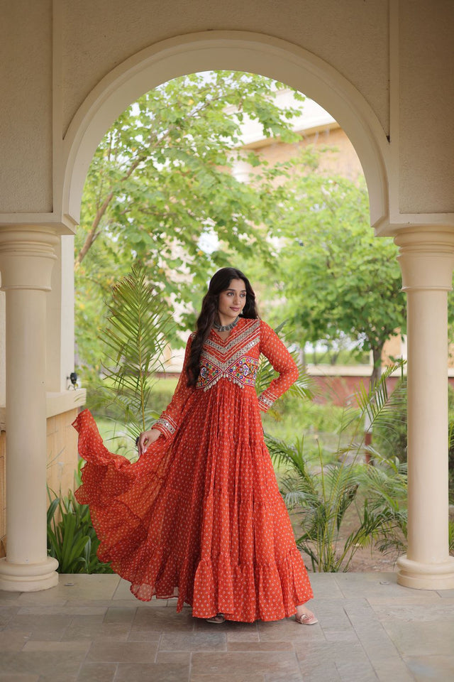 Rust Bandhani Printed with Embroidered Georgette Free Size Stitched Gown (ACA9905)