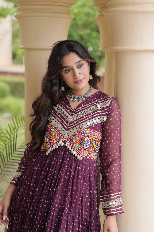 Wine Bandhani Printed with Embroidered Georgette Free Size Stitched Gown (ACA9906)
