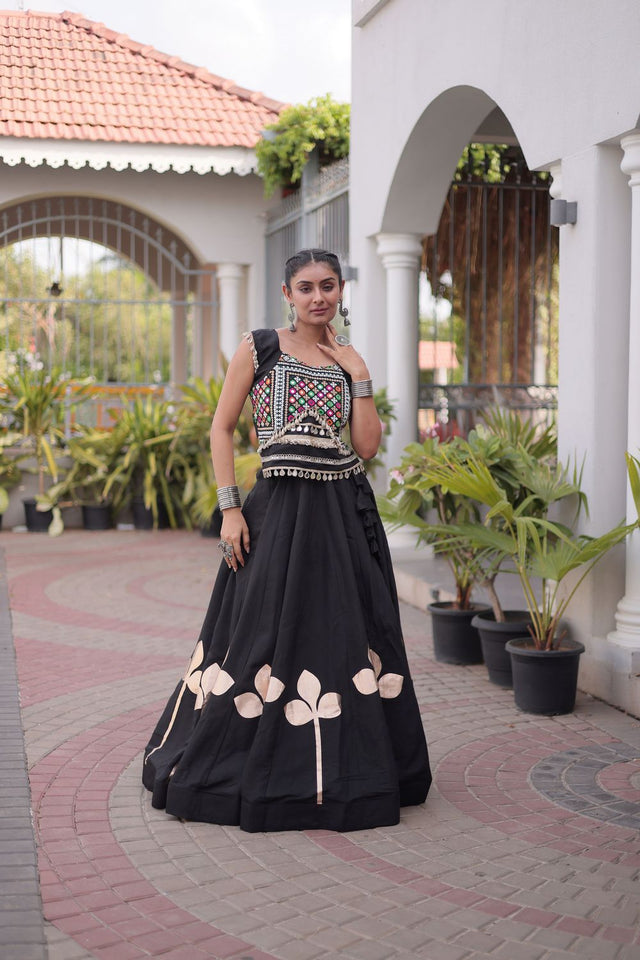 Black Gota Patti Work Silk Free Size Stitched Lehenga (ACA9907)