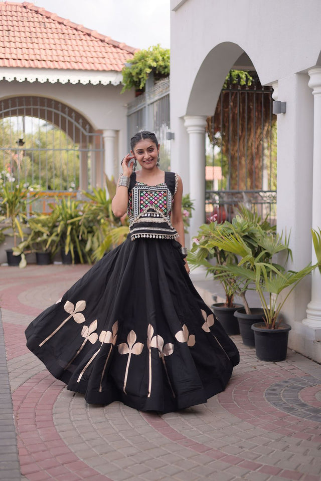 Black Gota Patti Work Silk Free Size Stitched Lehenga (ACA9907)