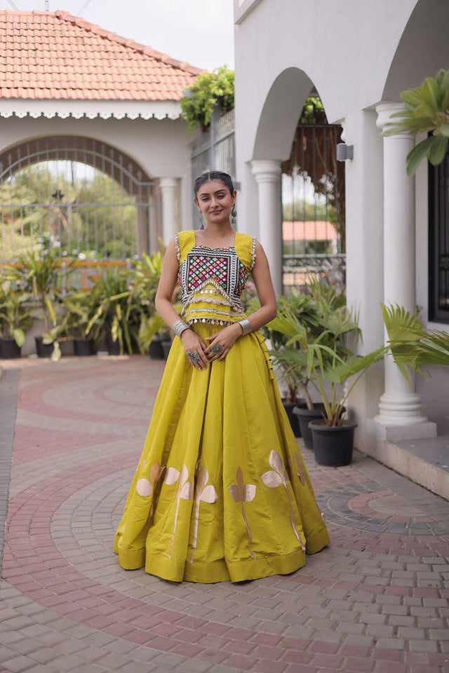 Green Gota Patti Work Silk Free Size Stitched Lehenga (ACA9909)
